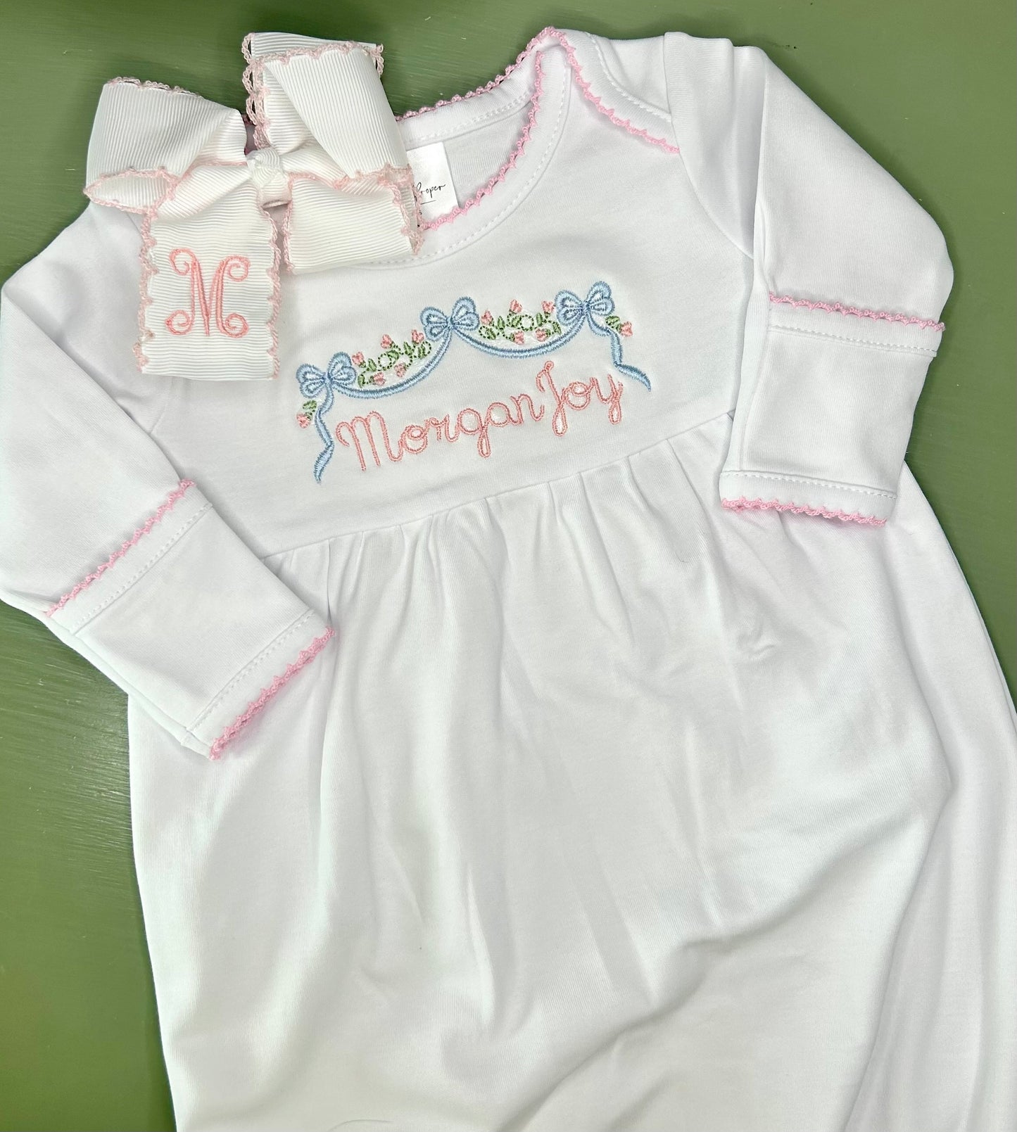 Picot trim girl footie or gown