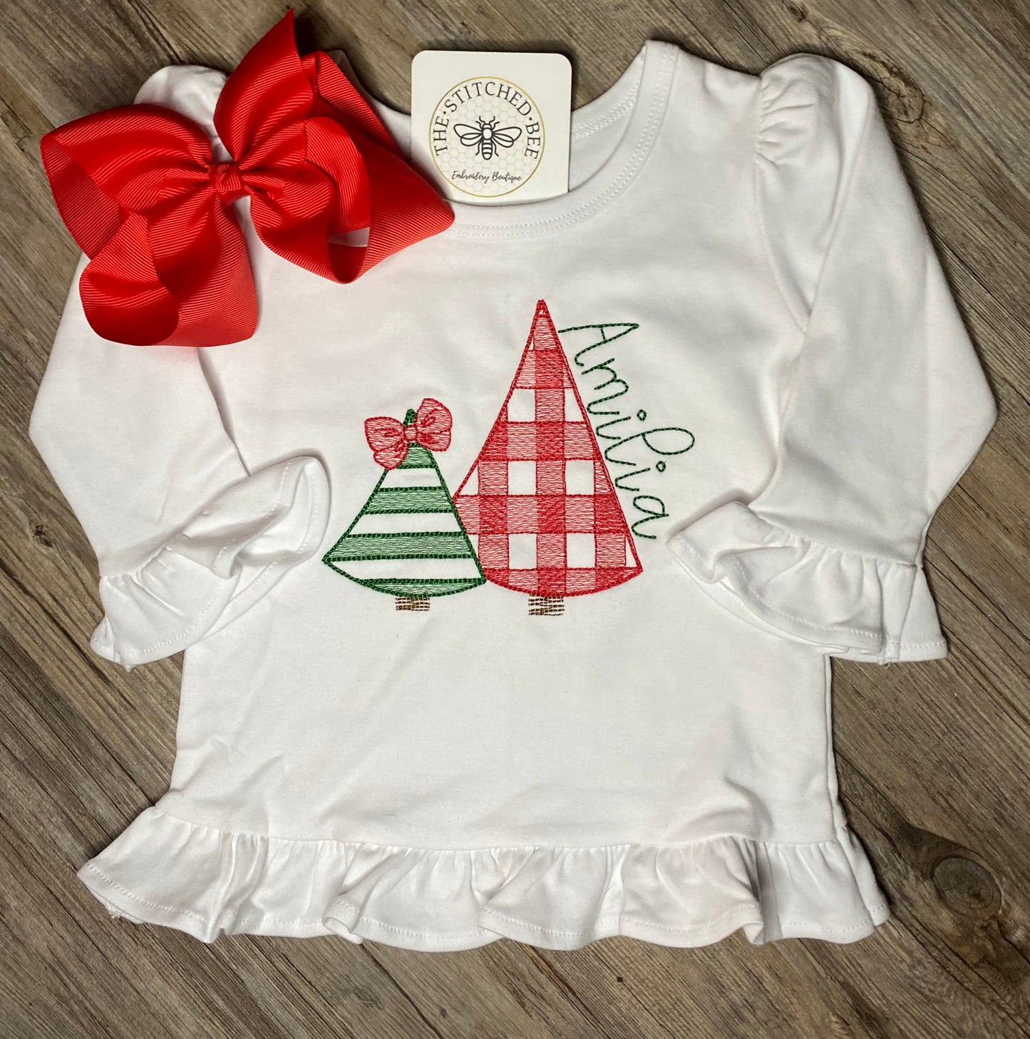Gingham Christmas tree duo embroidered shirt