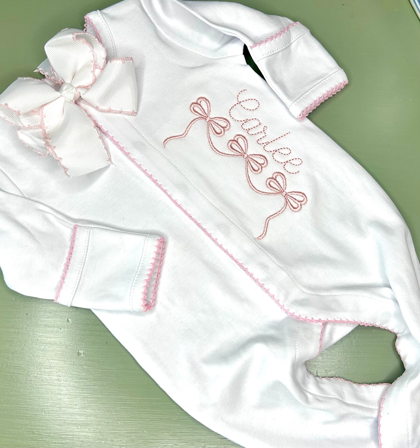 Picot trim girl footie or gown