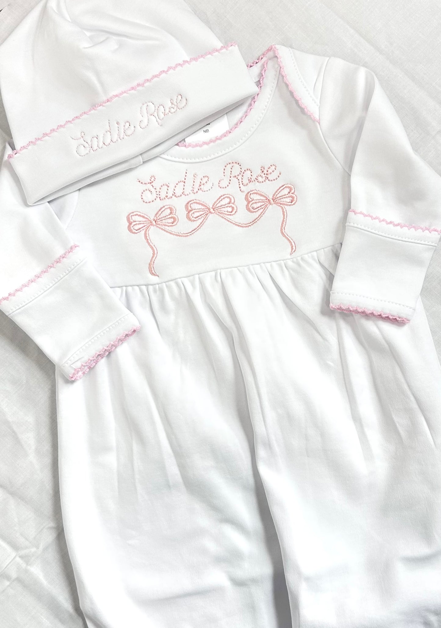 Picot trim girl footie or gown