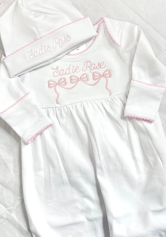Picot trim girl footie or gown