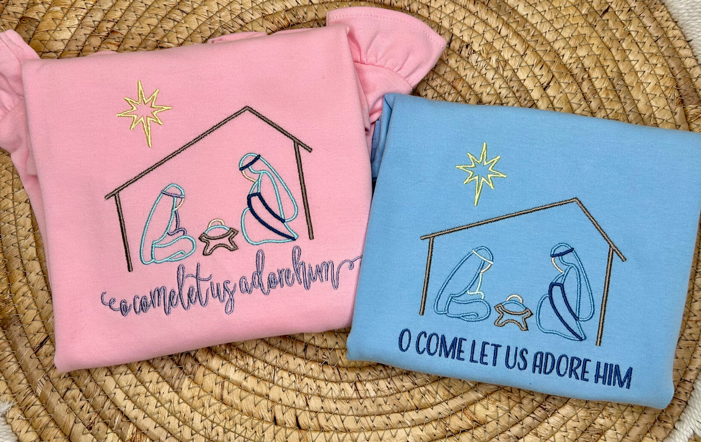 Girl “Oh come let us adore him” satin stitched shirt