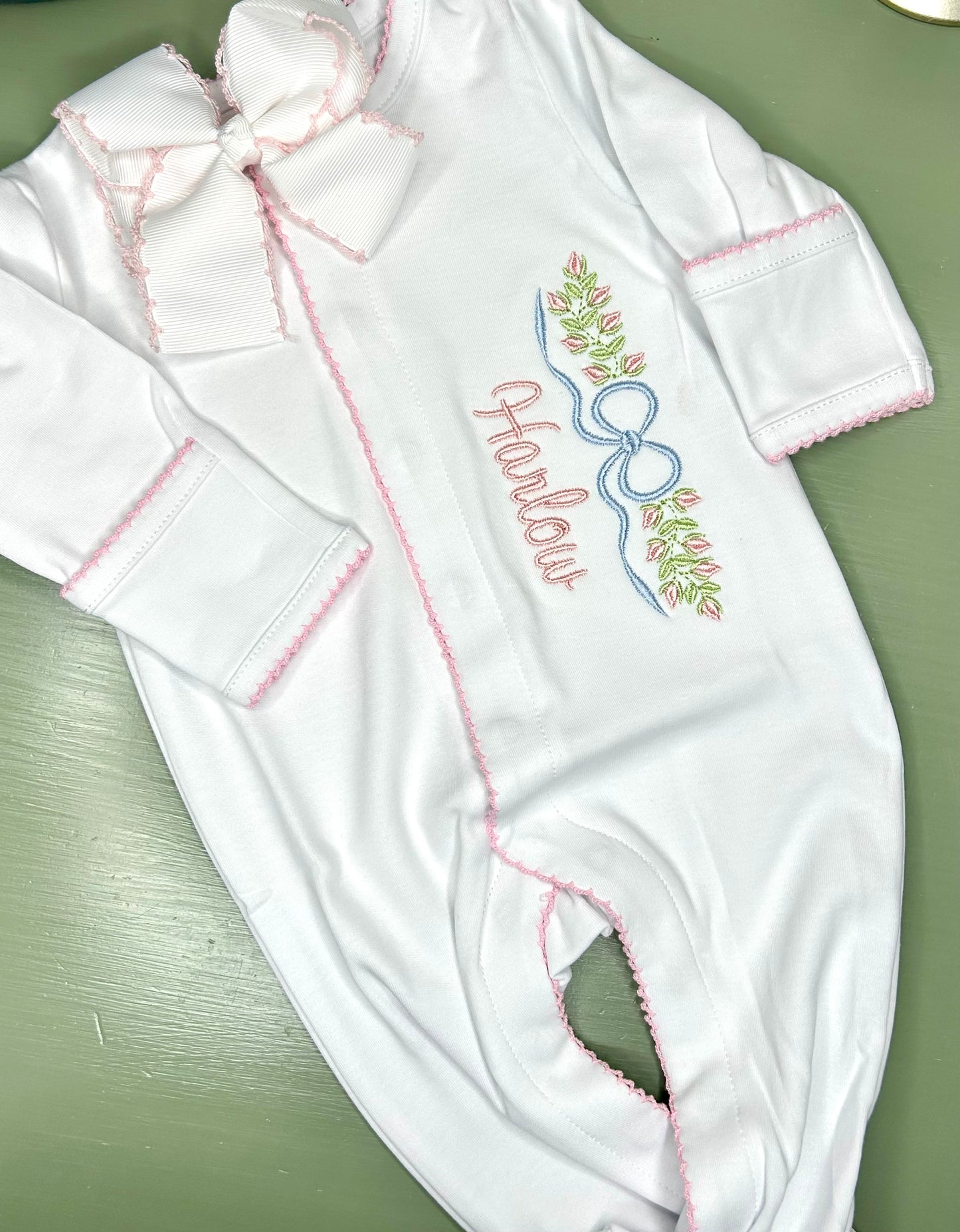 Picot trim girl footie or gown