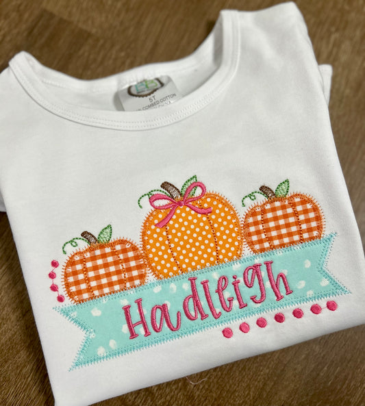 Pumpkins with bows and name banner shirt