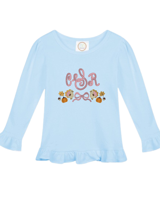 Girl Monogram Turkey Pumpkin Shirt